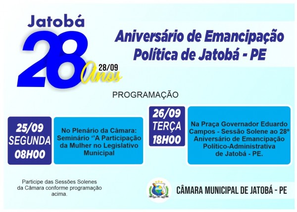 CONVITE: Programação aos 28 Anos de Emancipação Política de Jatobá